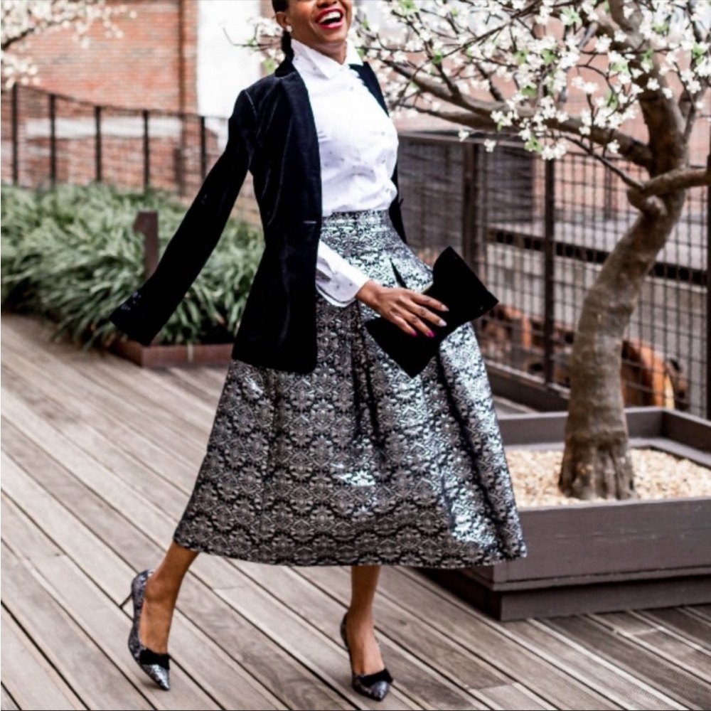 Talbots Petite Silver Metallic Brocade Skirt